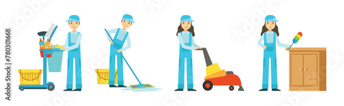 Cleaning Service with Professional Man and Woman Worker Character Vector Set