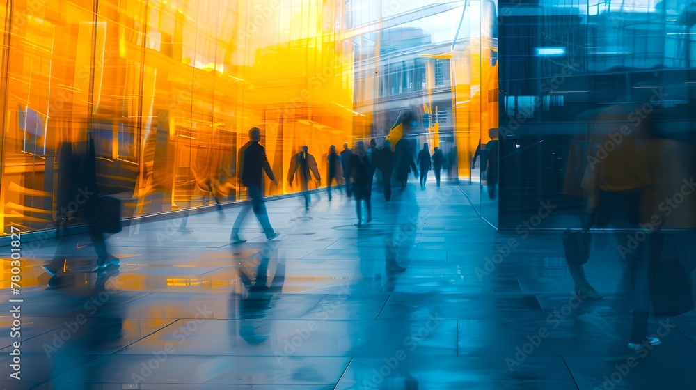 Vibrant Urban Rush Hour Scene with Blurred People. Modern City Life Concept in Dynamic Abstract Style. Fast-Paced Business Environment Photography. AI