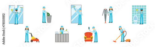 Cleaning Service with Professional Man and Woman Worker Character Vector Set