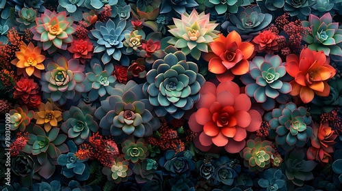 A vibrant, digital collage of succulents, combining hyper-realistic renderings of various species.