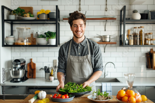 young likeable man stands in the kitchen and prepares a healthy salad - topic healthy nutrition or diet