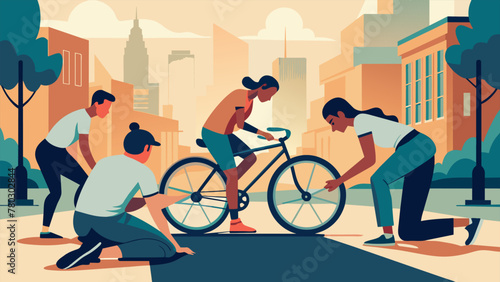 In a busy city neighborhood a trio of cyclists stops to help a stranded rider fix a flat tire. The compassionate act of camaraderie and support photo