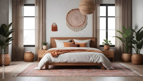 A Scandinavian bedroom with a bed and a potted plant placed in the corner, showcasing simplicity and functionality photo