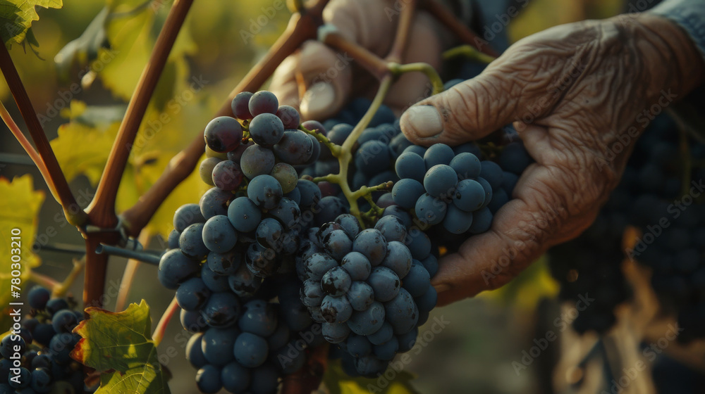 Obraz premium Hands harvesting grapes in vineyard, winery and agriculture concept