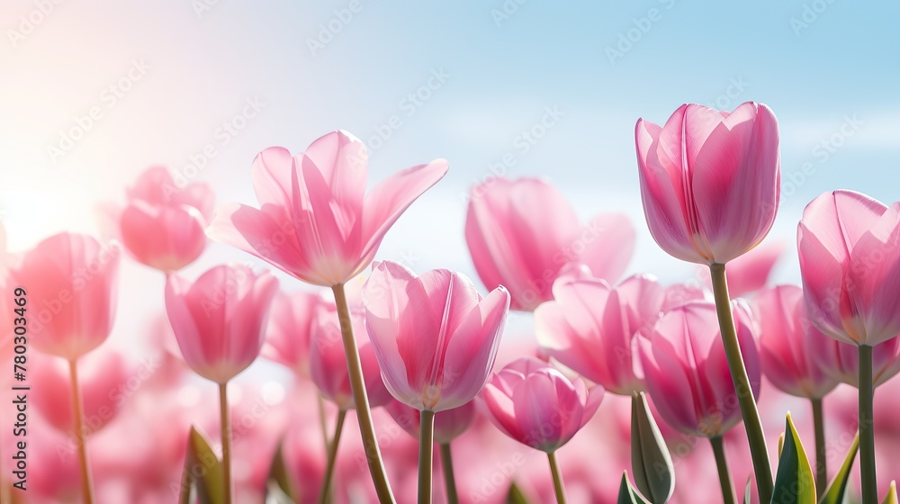 Fototapeta premium Group of pink tulips in the park agains clouds. Spring blurred background postcard