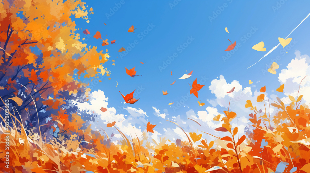 青空に舞う紅葉の背景　Generative AI