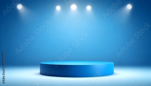A blue podium stands under a bright spotlight against a blue background © Sema