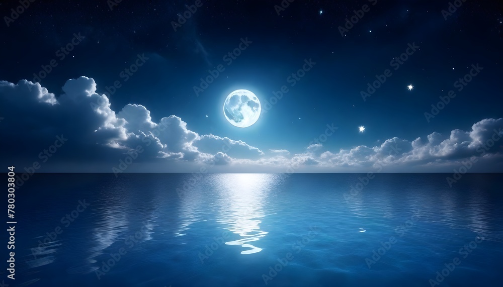 The full moon is shining brightly in the night sky, casting its reflection on the calm surface of the body of water below