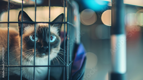 A cat is in a carrier cage going to travel. photo
