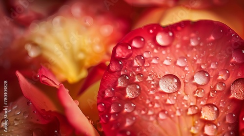Glistening droplets of dew on a rose petal  abstract    background