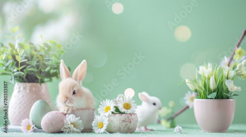 Easter background with colorful eggs, small fluffy bunnies and baby chicks in the style of soft pastel colors © wanna