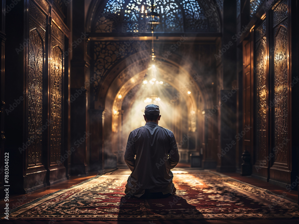 Man sitting and praying in a mosque prayer room Man sitting and praying in a mosque prayer room