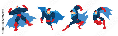 Muscular Man Superhero Character in Red and Blue Suit in Different Pose Vector Set