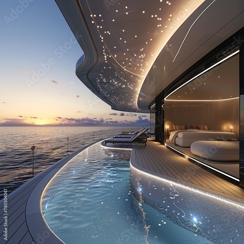 A boat deck featuring a large pool for recreational use, providing a relaxing spot for passengers to enjoy the water while at sea photo