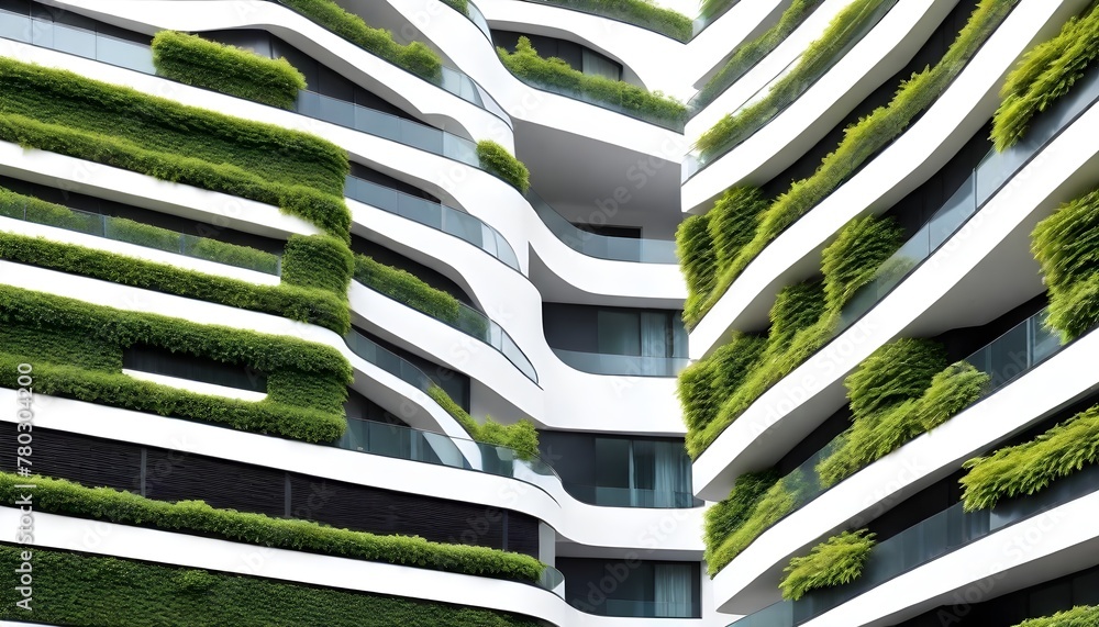 A building with numerous plants growing on its exterior wall, creating a green facade in an urban setting. A building with numerous plants growing on its exterior wall, creating a green facade in an urban setting.