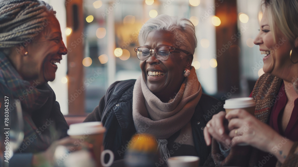 Joyful Multiethnic Senior Women Sharing a Laugh at a Cozy Cafe Joyful Multiethnic Senior Women Sharing a Laugh at a Cozy Cafe