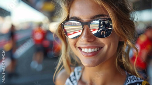 Smiling young woman in sunglasses at a racetrack enjoying a vibrant motorsport event on a sunny day surrounded by enthusiastic fans and team members