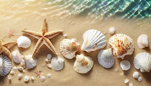 Summer beach backdrop with a variety of seashells and starfish along the water's edge