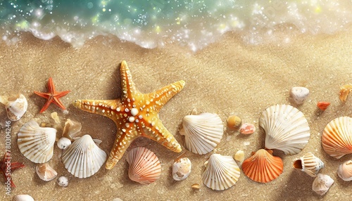 Warm summer background with starfish and seashells on sandy beach and sparkling sea