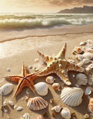 Warm summer backdrop featuring seashells and starfish on a sandy shore with gentle waves in the background