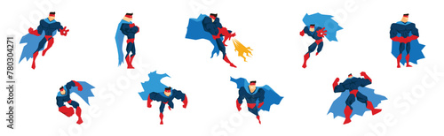 Muscular Man Superhero Character in Red and Blue Suit in Different Pose Vector Set