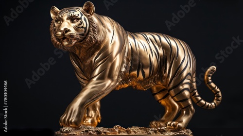 gold statue of tiger isolated in black background