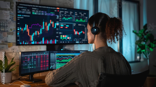 A woman trader is sitting in front of a computer monitor with stock market graph, investment concept.