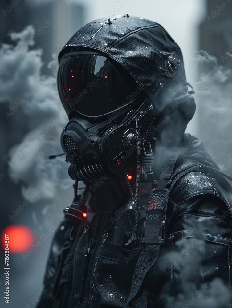 Urban explorer wears protective gear in a foggy city environment during late evening, surrounded by mist and illuminated by distant lights Urban explorer wears protective gear in a foggy city environment during late evening, surrounded by mist and illuminated by distant lights