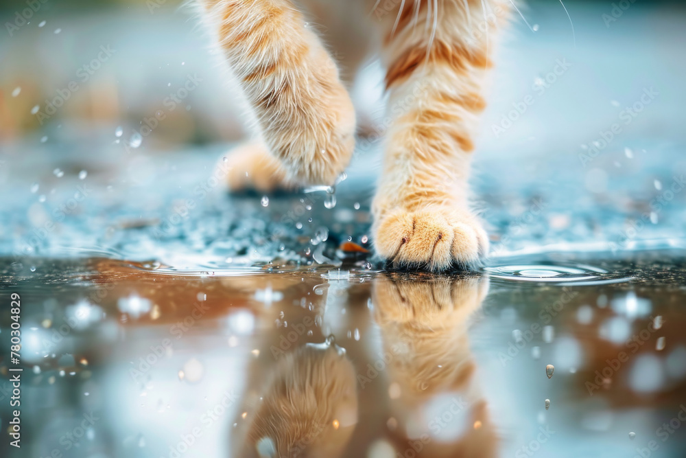 A cat is walking in the rain and its paw is in the water puddle after rain - obrazy, fototapety, plakaty 