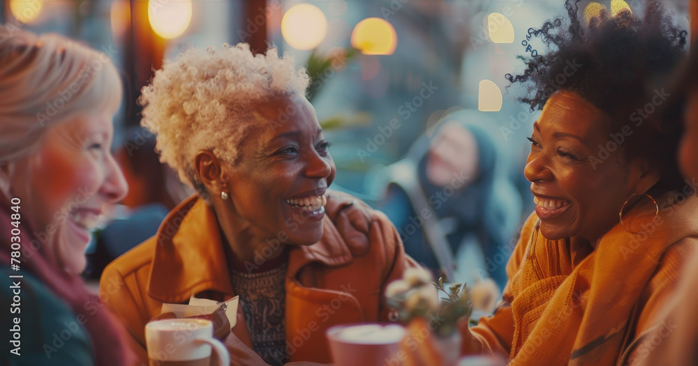 Joyful Multiethnic Senior Women Sharing a Laugh at a Cozy Cafe Joyful Multiethnic Senior Women Sharing a Laugh at a Cozy Cafe