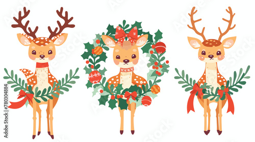 Cartoon funny deer holding Christmas Wreath 