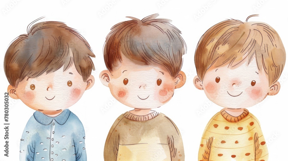Three charmingly illustrated young boys, each with a unique hairstyle and colorful outfit, portrayed in a warm watercolor style.