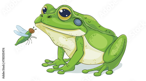 Cartoon funny frog catching fly isolated on white background