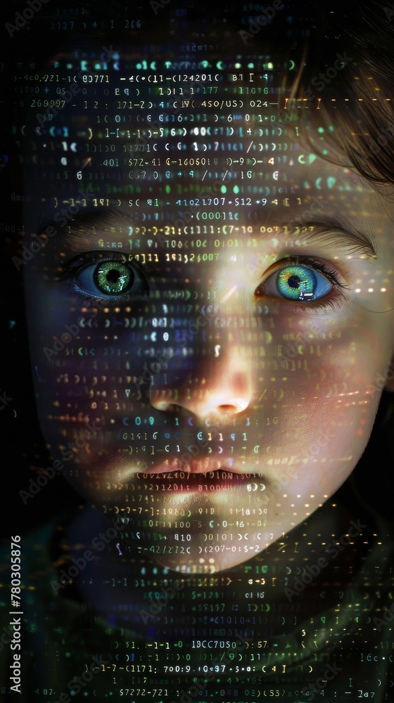 A child's face is shown in a computer screen with a blue eye and a red dot on the nose A child's face is shown in a computer screen with a blue eye and a red dot on the nose