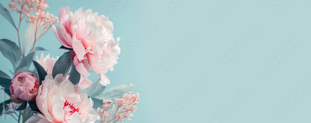 Beautiful romantic illustration of Philodendron and Peonies on blue background. Modern panorama