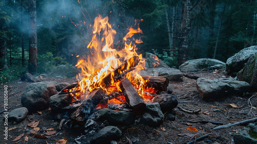Bonfire in the forest. Camping in the woods. Wild nature. AI.