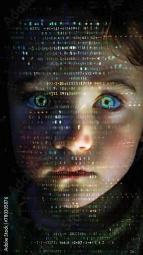 A child s face is shown in a computer screen with a blue eye and a red dot on the nose