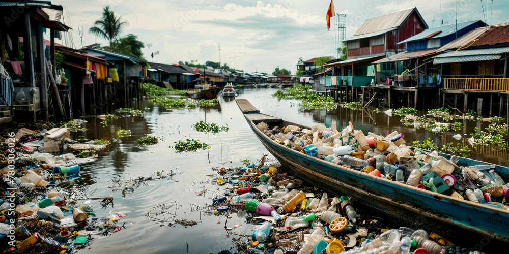 Plastic waste floating on river surface in Southeast Asia. Environment pollution. Panorama