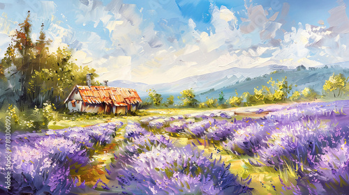 Purple lavender flower blossom field and house in countryside. Banner of nature concept.