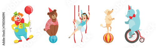 Circus Artist Character with Clown, Bear, Dog, Rhino and Woman Acrobat Vector Set