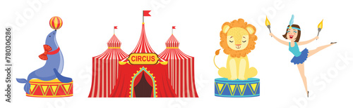 Circus Artist Character with Seal, Lion and Woman Acrobat Vector Set