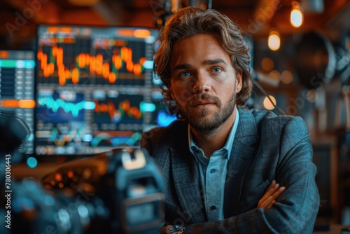 A young man hosting a video blog session, engages with his audience about cryptocurrency trading, with dynamic digital charts displayed in the background.