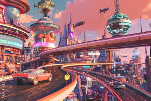 Retro futuristic city landscape complete with flying cars.