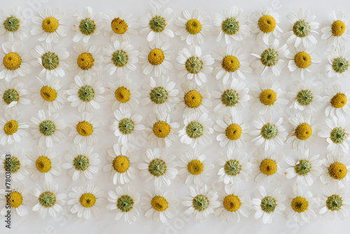 Chamomile daisy flower buds pattern on white background. Minimal summer flower composition