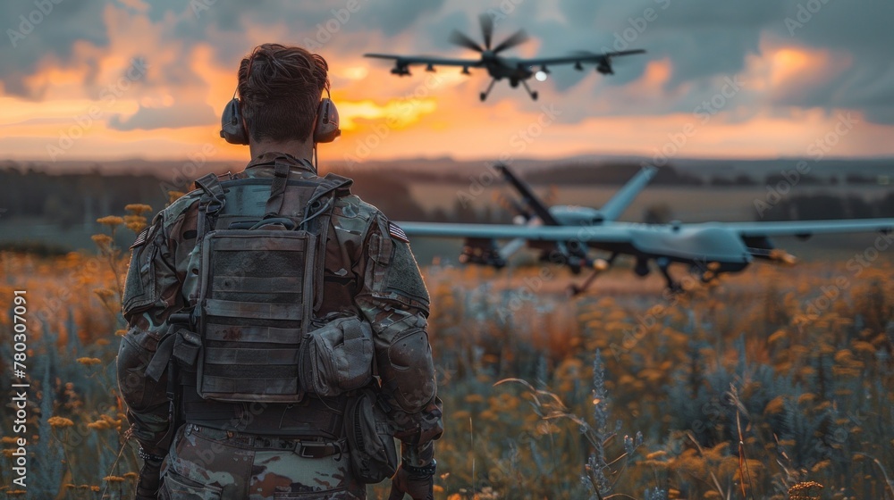 A soldier watches a military drone take off from the airfield's runway. A soldier watches a military drone take off from the airfield's runway.