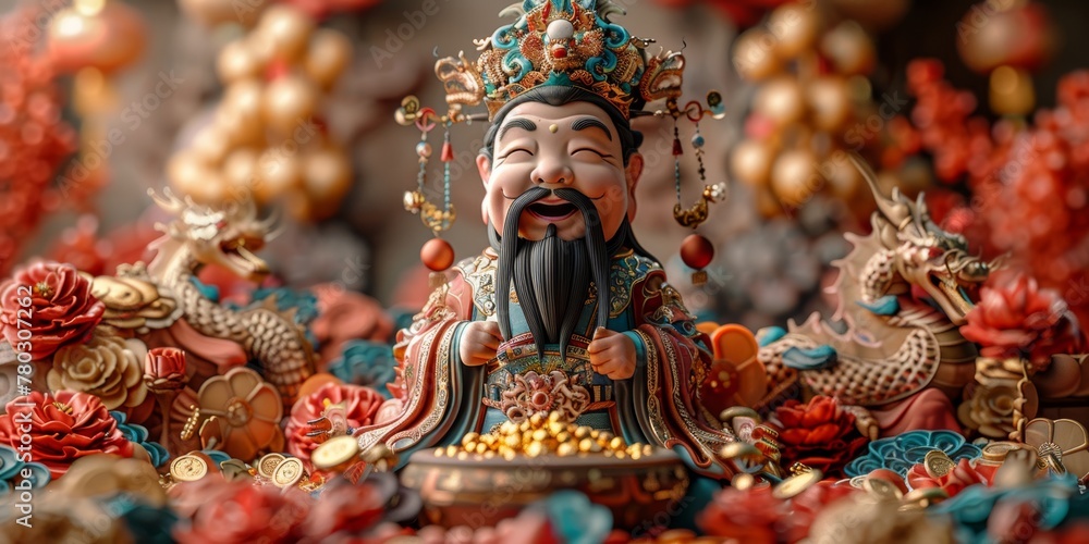 Chinese deity figurine adorned with traditional decorations and symbols of wealth during a festive event Chinese deity figurine adorned with traditional decorations and symbols of wealth during a festive event