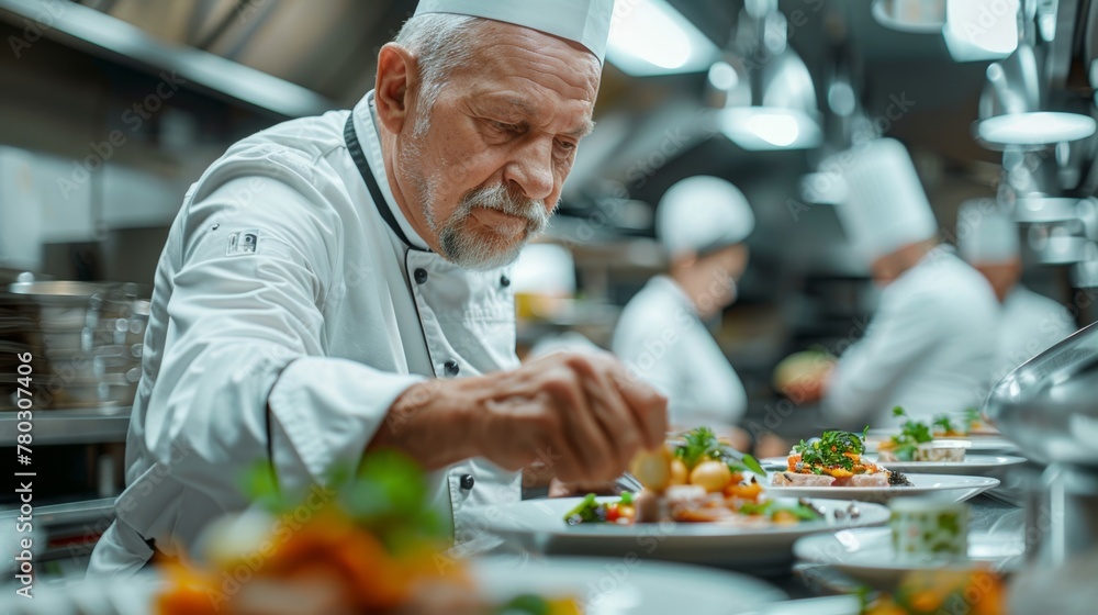 Mature chef in uniform focuses on garnishing a plated meal in a commercial kitchen setting. Mature chef in uniform focuses on garnishing a plated meal in a commercial kitchen setting.