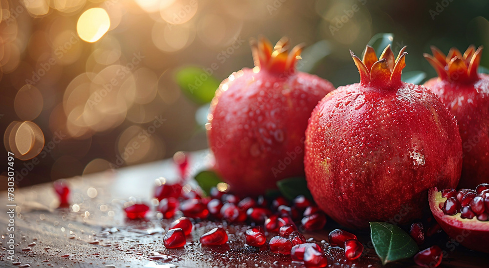 Obraz premium Three ripe red pomegranates with seeds on table and pomegranate field background.Macro.AI Generative
