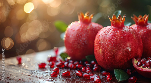 Three ripe red pomegranates with seeds on table and pomegranate field background.Macro.AI Generative © DenisMArt