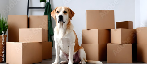 A dog atop stacked boxes in a room with a neutral background © moon